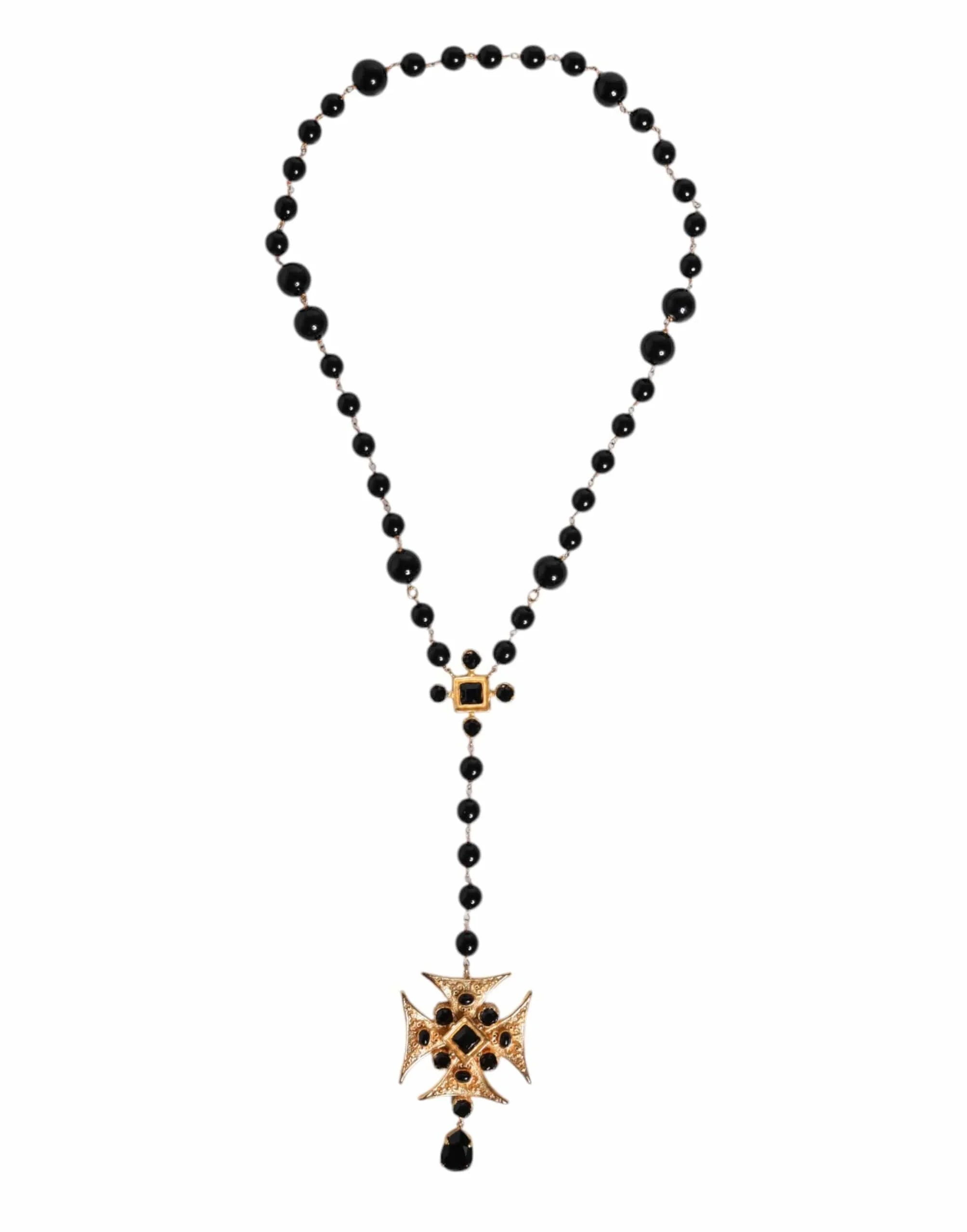 Dolce & Gabbana Dolce & Gabbana Gold Tone Brass Cross Black Beaded Chain Rosary Necklace