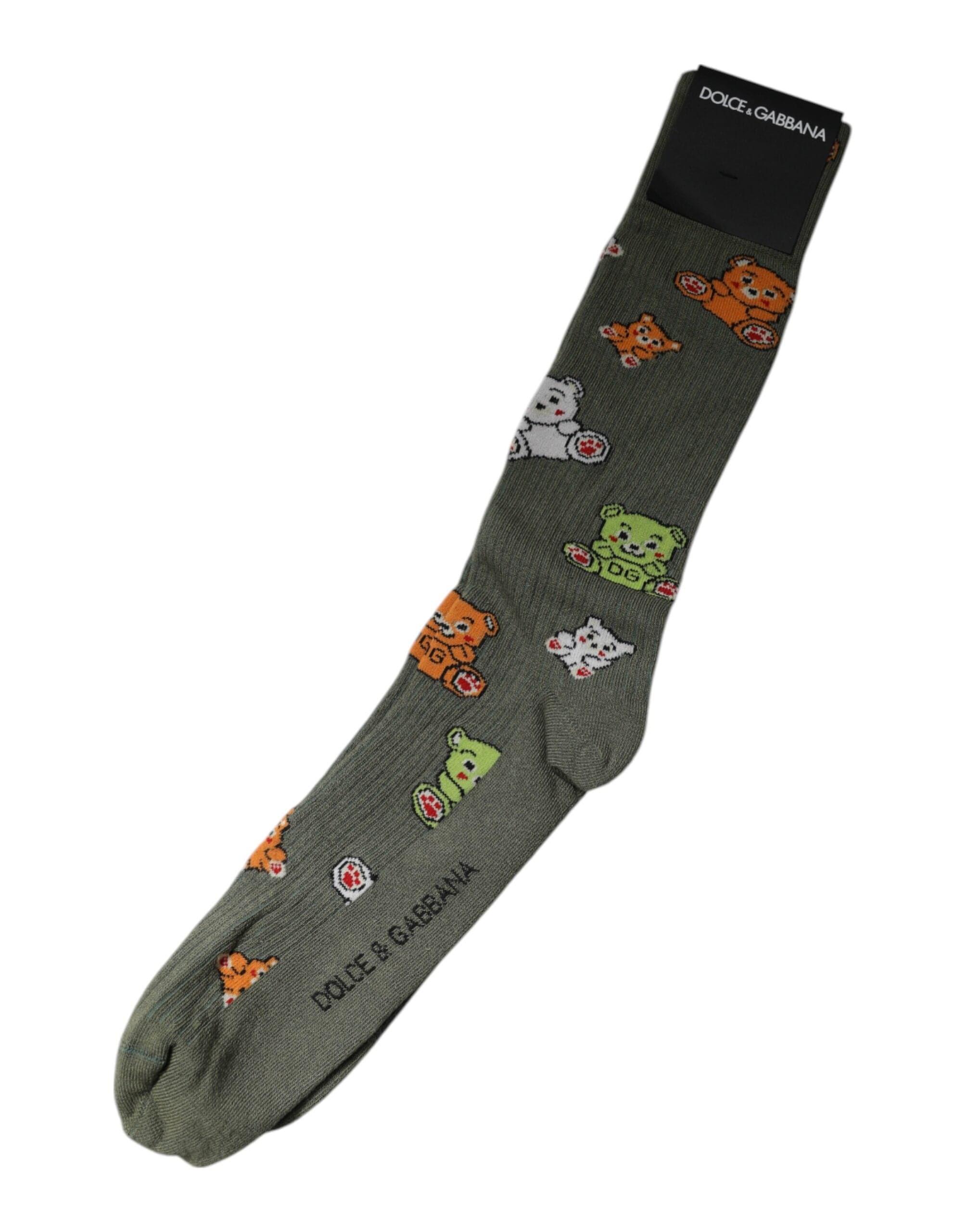 Dolce & Gabbana XL Dolce & Gabbana Green Nylon DG Bear Printed Mid Calf Socks