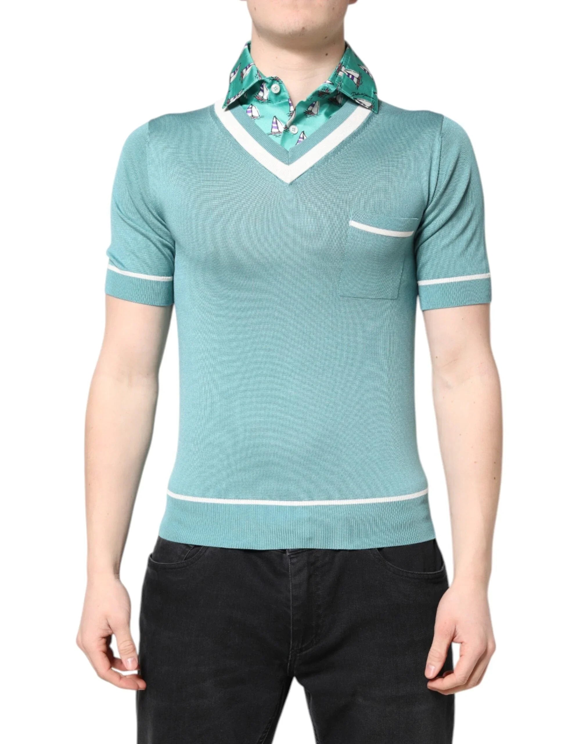 Dolce & Gabbana Premium Polos IT44 | XS Dolce & Gabbana Green Printed Collared Short Sleeve T-shirt