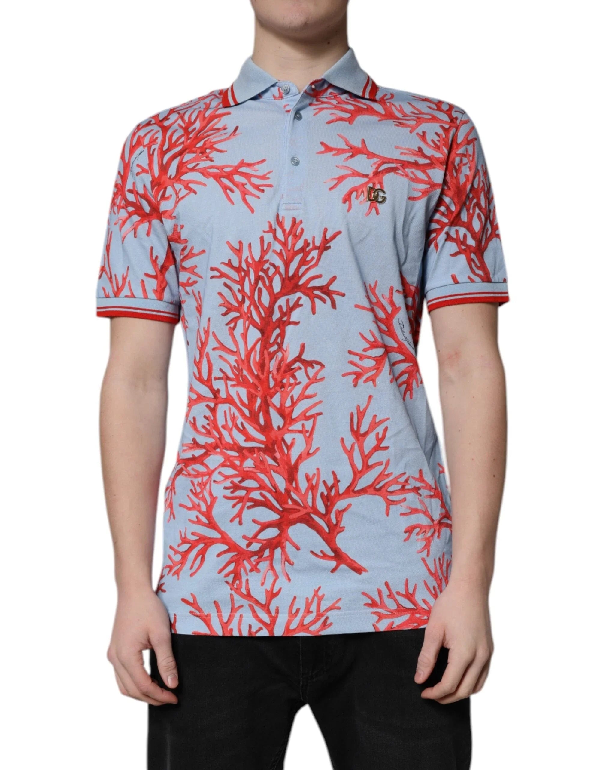 Dolce & Gabbana Premium Polos IT50 | L Dolce & Gabbana Light Blue Coral Cotton Polo Shirt T-shirt