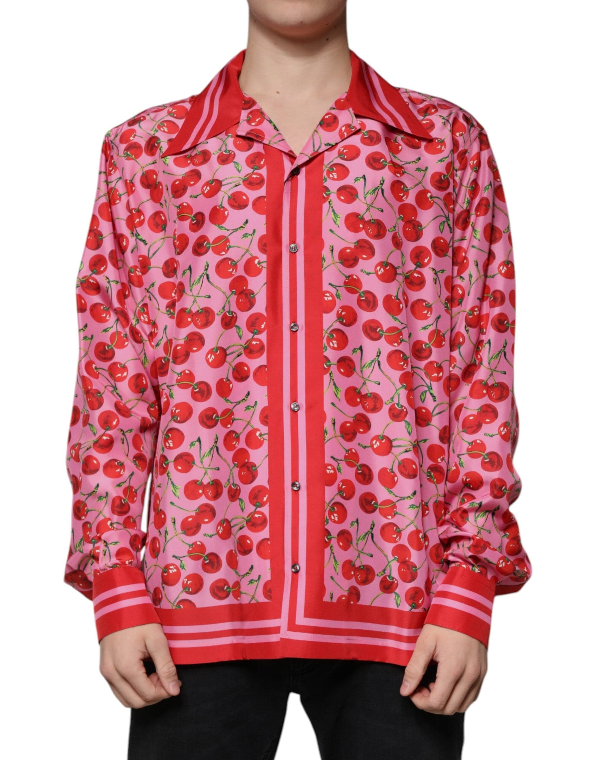 Dolce & Gabbana Shirts IT42 | XL Dolce & Gabbana Pink Cherry Silk Button Down Casual Shirt