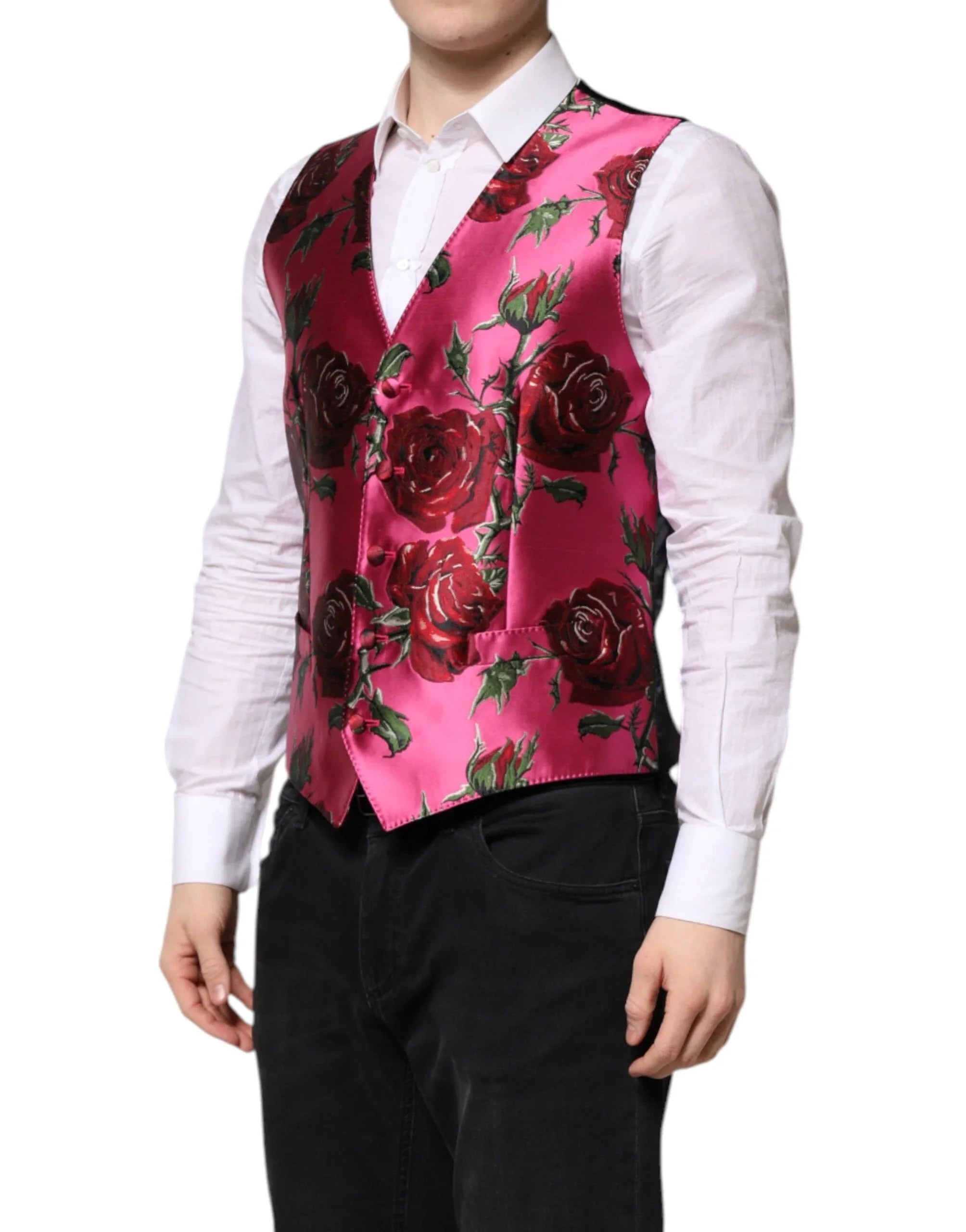 Dolce & Gabbana IT50 | L Dolce & Gabbana Pink Floral Satin Formal Men Waistcoat Vest
