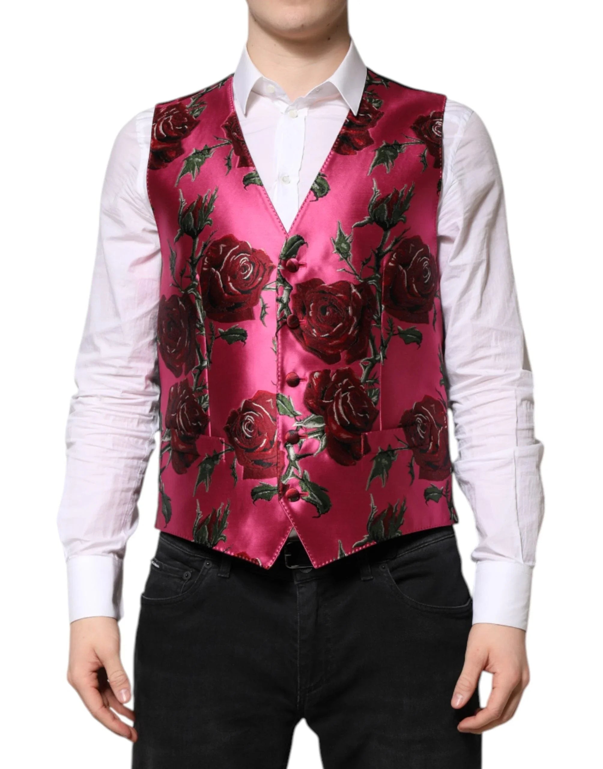 Dolce & Gabbana IT50 | L Dolce & Gabbana Pink Floral Satin Formal Men Waistcoat Vest