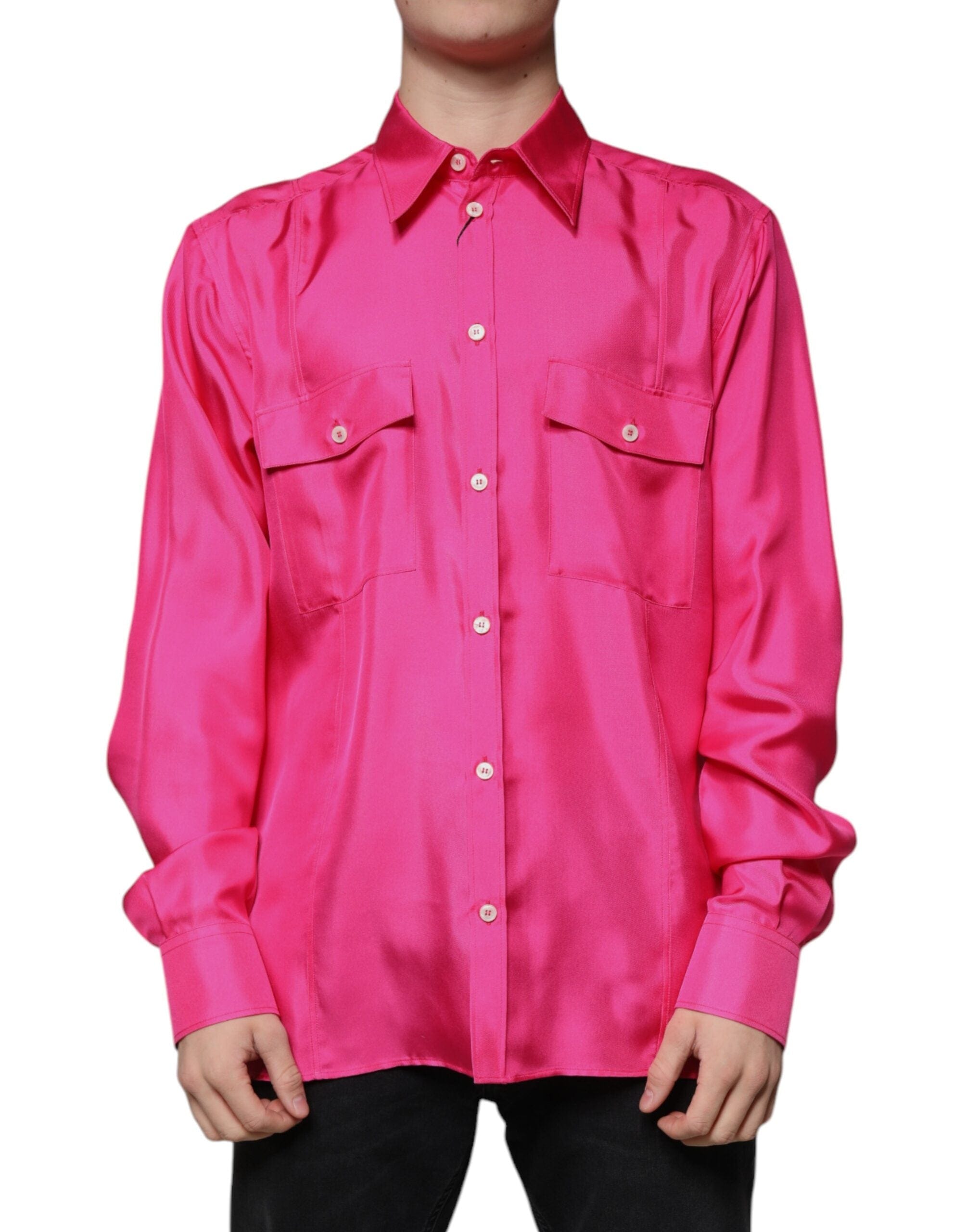 Dolce & Gabbana Shirts IT43 | 2XL Dolce & Gabbana Pink Silk Collared Button Down Men Shirt