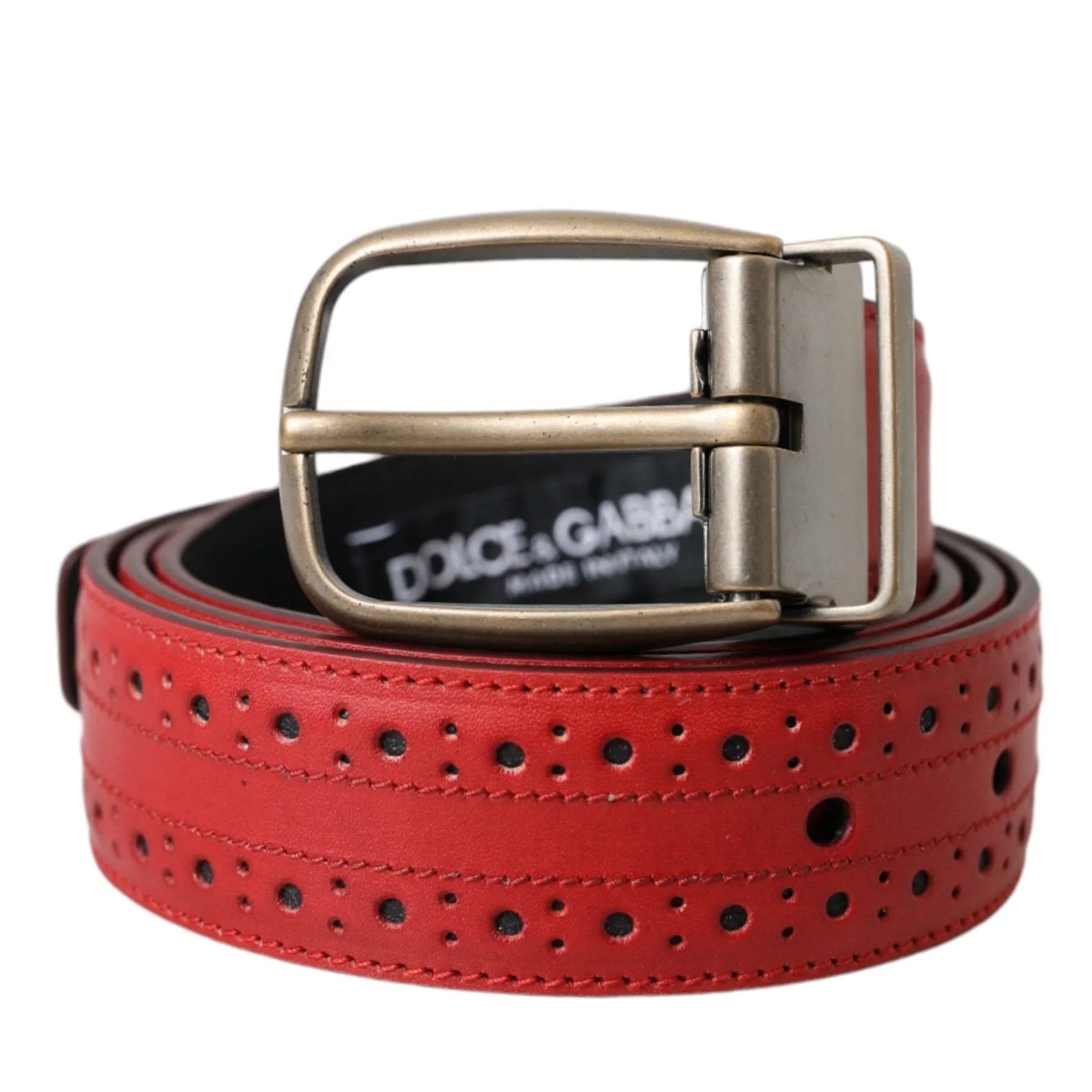  34 Inches Dolce & Gabbana Red Perforated Leather Metal Buckle Belt Men