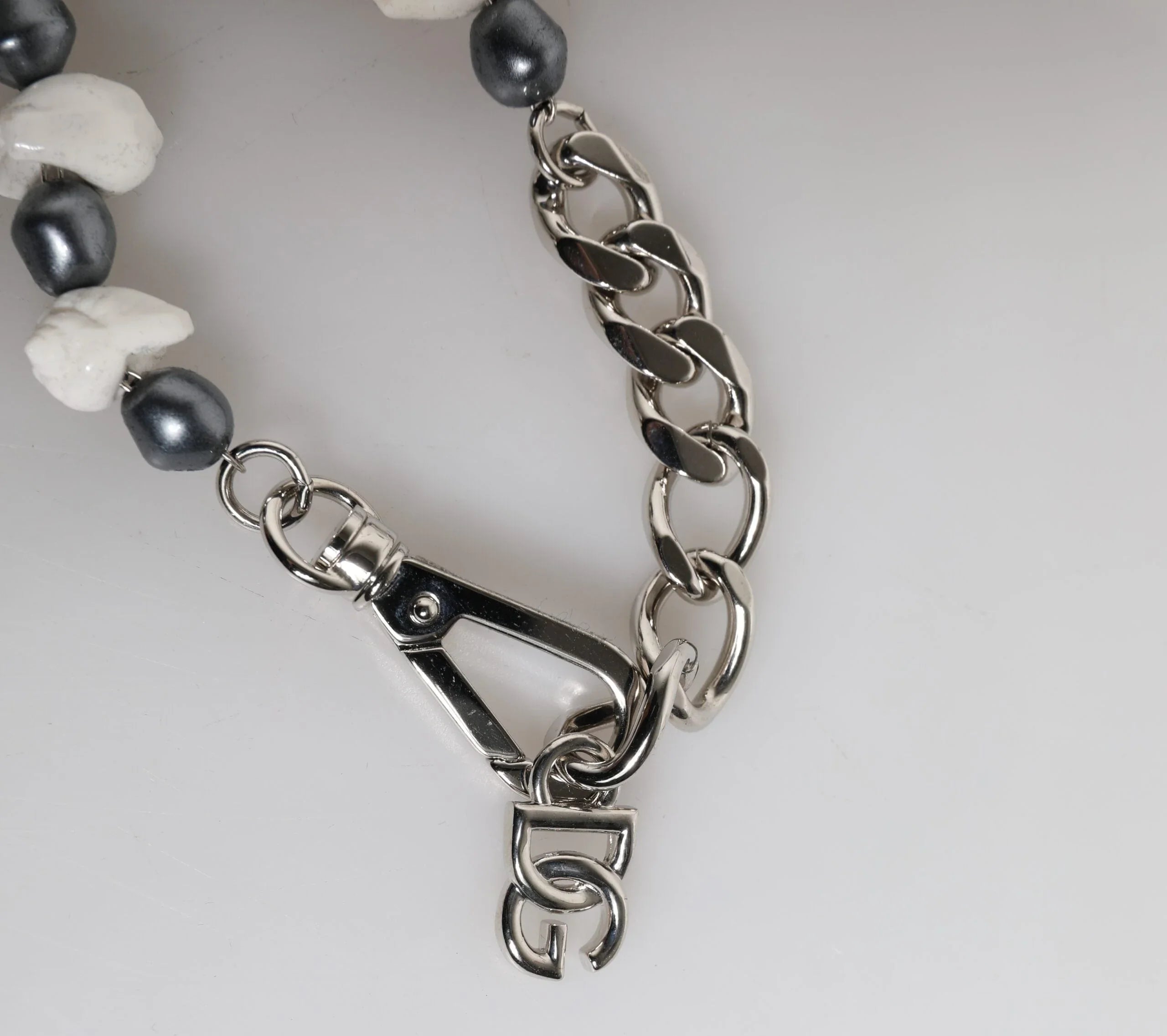 Dolce & Gabbana Dolce & Gabbana Silver Tone Brass Beaded Shell DG Logo Pendant Bracelet
