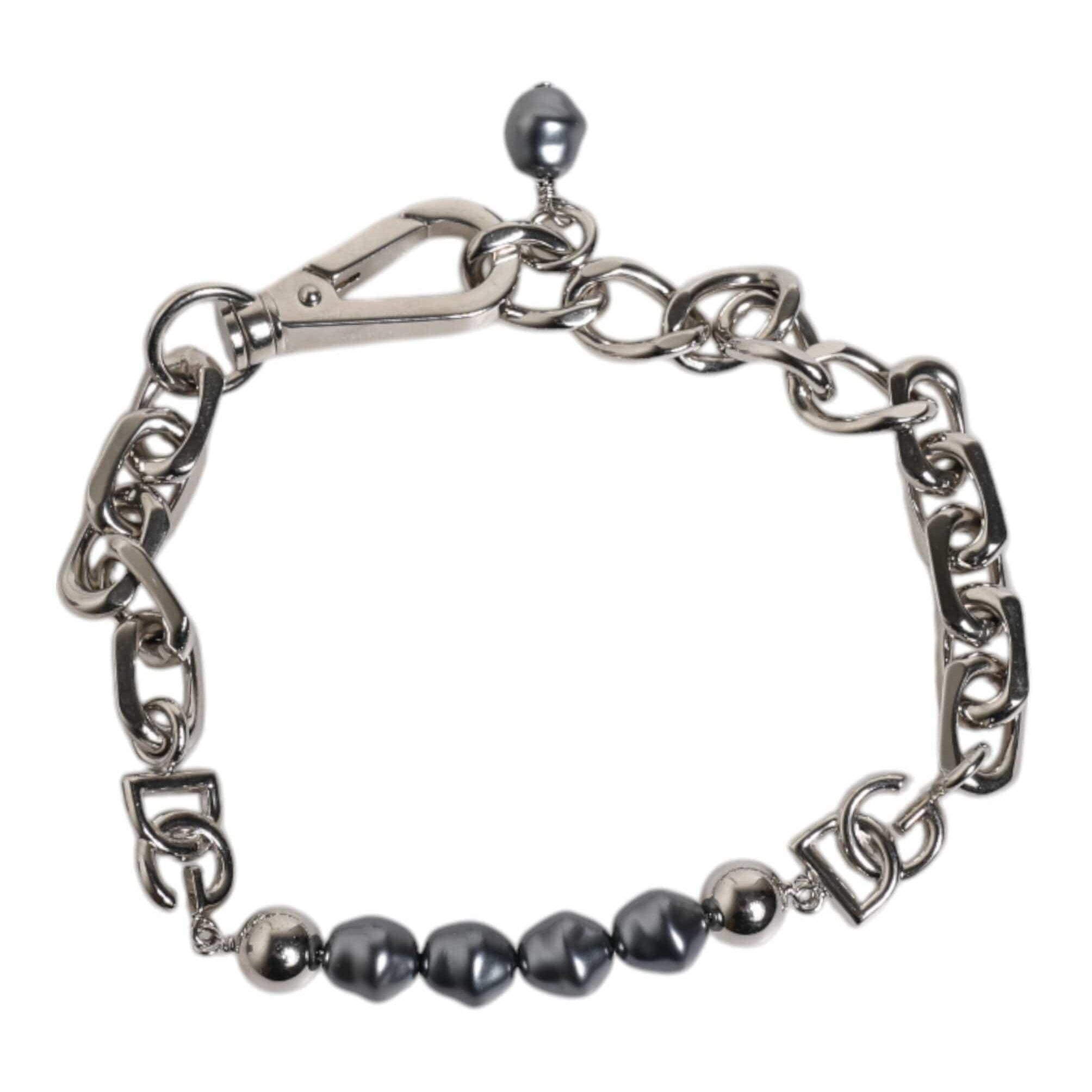 Dolce & Gabbana Dolce & Gabbana Silver Tone Chain Lobster Clasp Logo Gray Pearls Bracelet