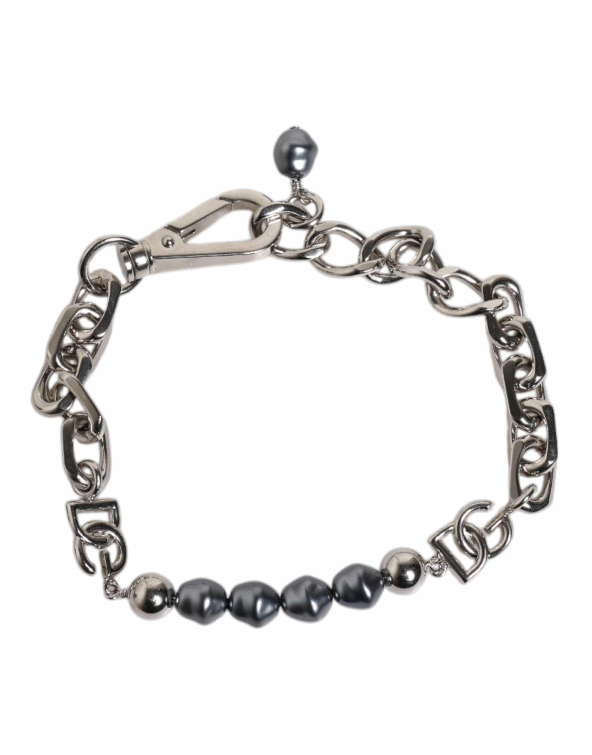 Dolce & Gabbana Dolce & Gabbana Silver Tone Chain Lobster Clasp Logo Gray Pearls Bracelet
