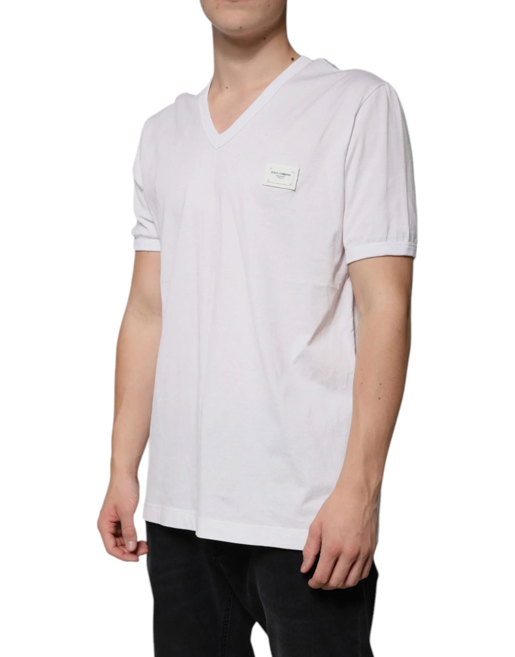 Dolce & Gabbana T-Shirts IT56 | XXL Dolce & Gabbana White Logo V-neck Short Sleeve T-shirt