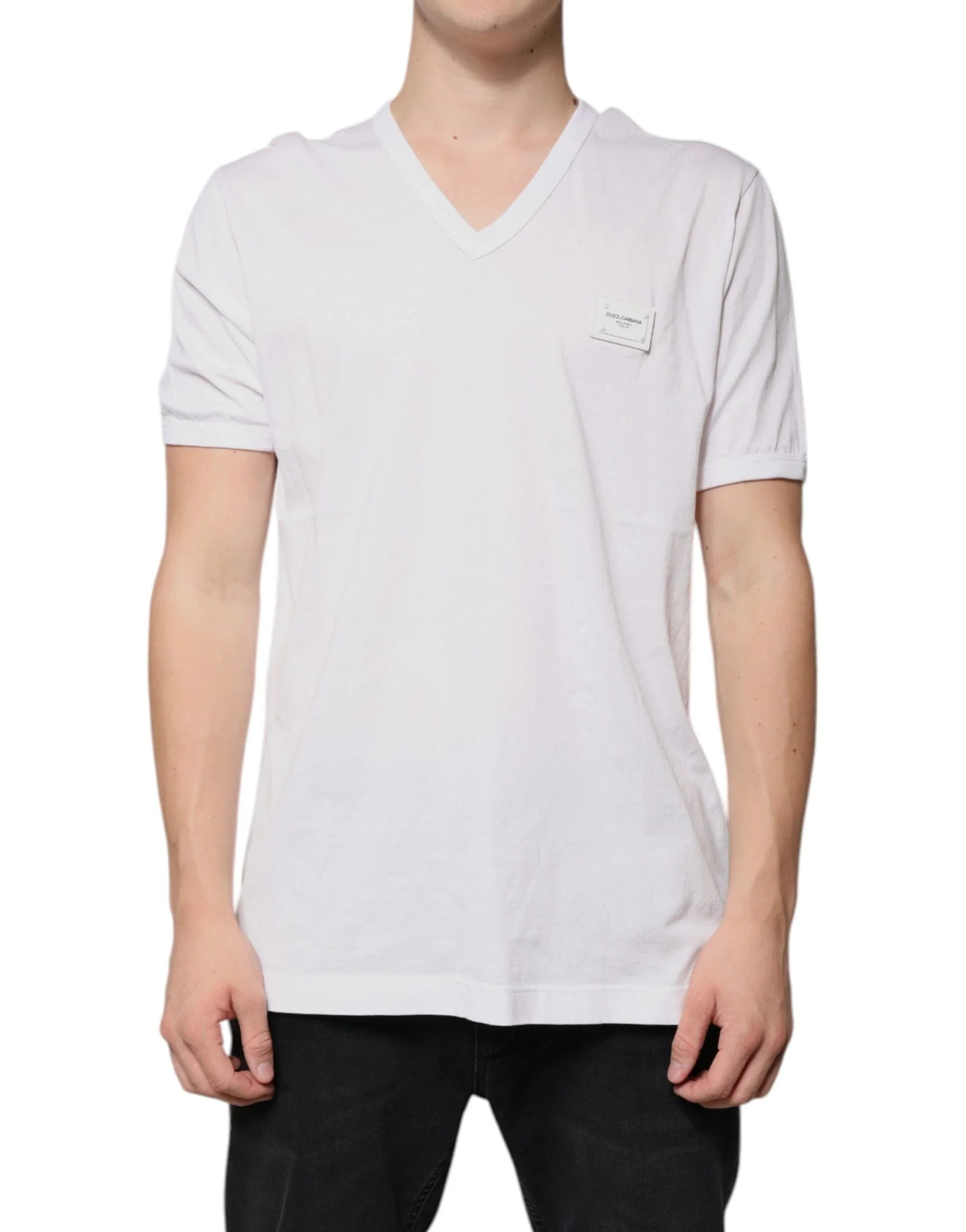 Dolce & Gabbana T-Shirts IT56 | XXL Dolce & Gabbana White Logo V-neck Short Sleeve T-shirt