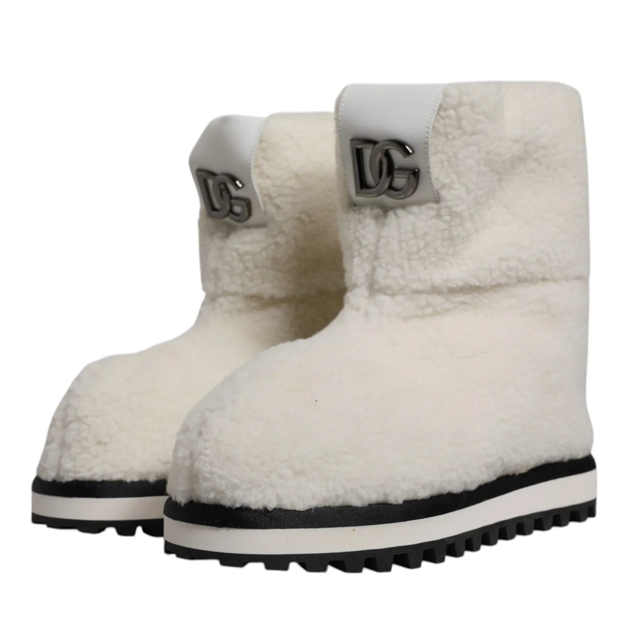 US11 Dolce & Gabbana White Plush Logo Padded Mid Calf Boots Shoes