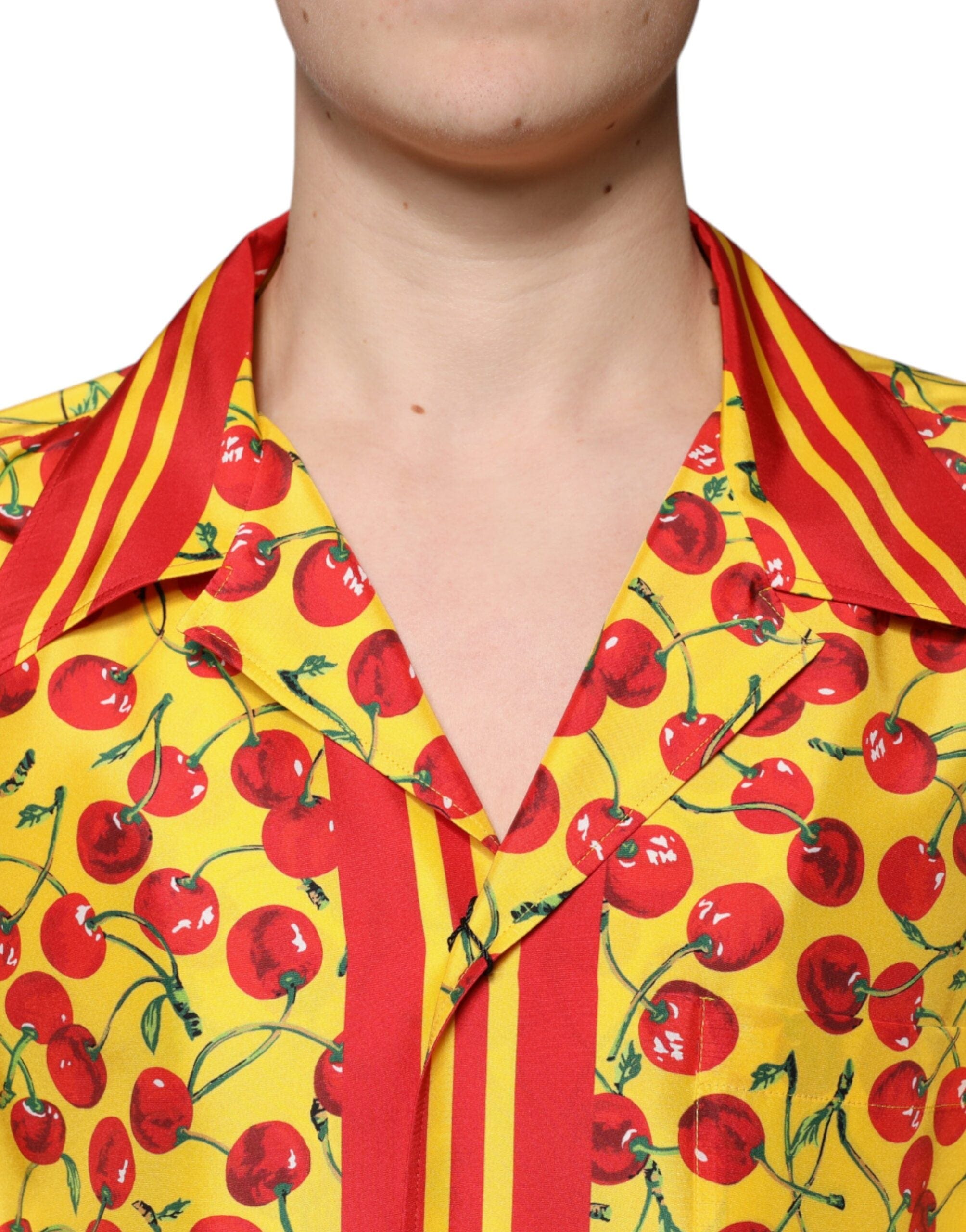Dolce & Gabbana Shirts IT43 | 2XL Dolce & Gabbana Yellow Cherry Button Down Silk Casual Shirt