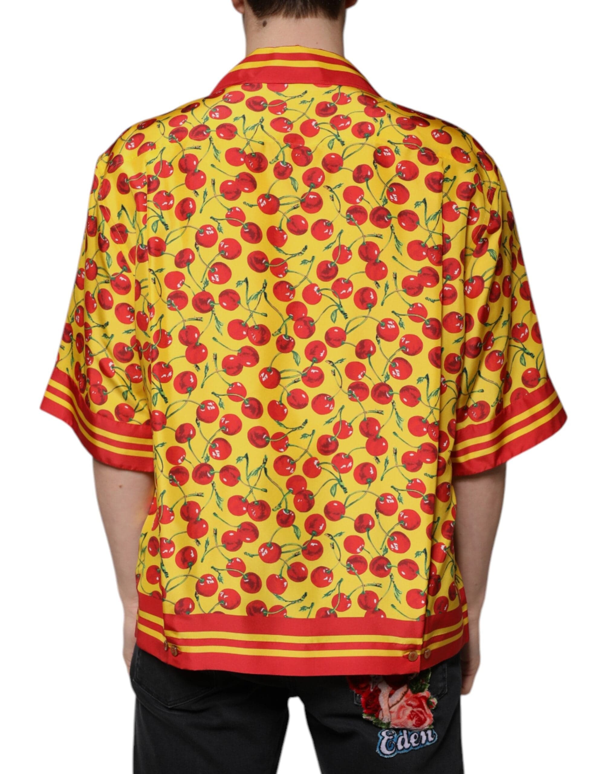 Dolce & Gabbana Shirts IT43 | 2XL Dolce & Gabbana Yellow Cherry Button Down Silk Casual Shirt