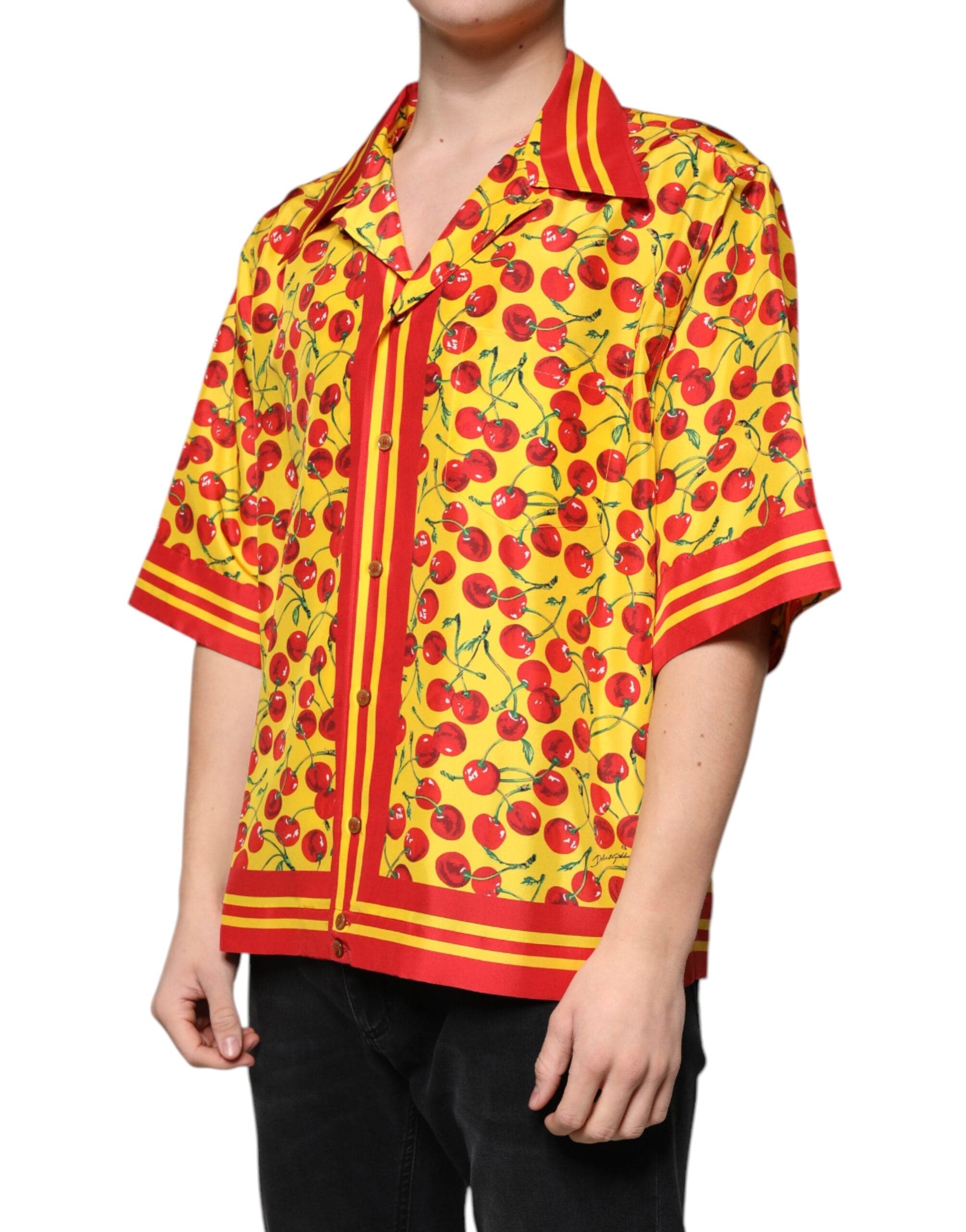 Dolce & Gabbana Shirts IT43 | 2XL Dolce & Gabbana Yellow Cherry Button Down Silk Casual Shirt