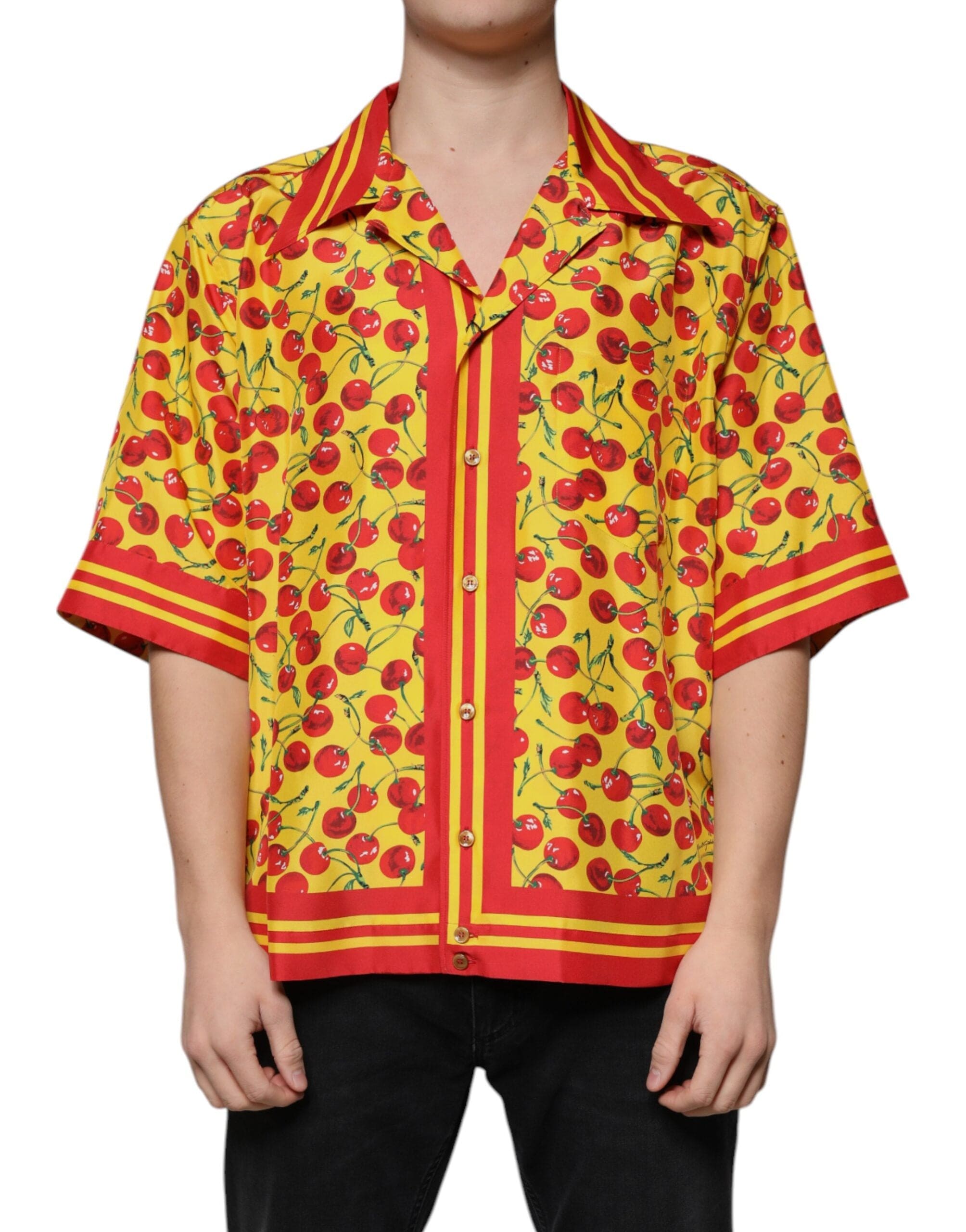 Dolce & Gabbana Shirts IT43 | 2XL Dolce & Gabbana Yellow Cherry Button Down Silk Casual Shirt