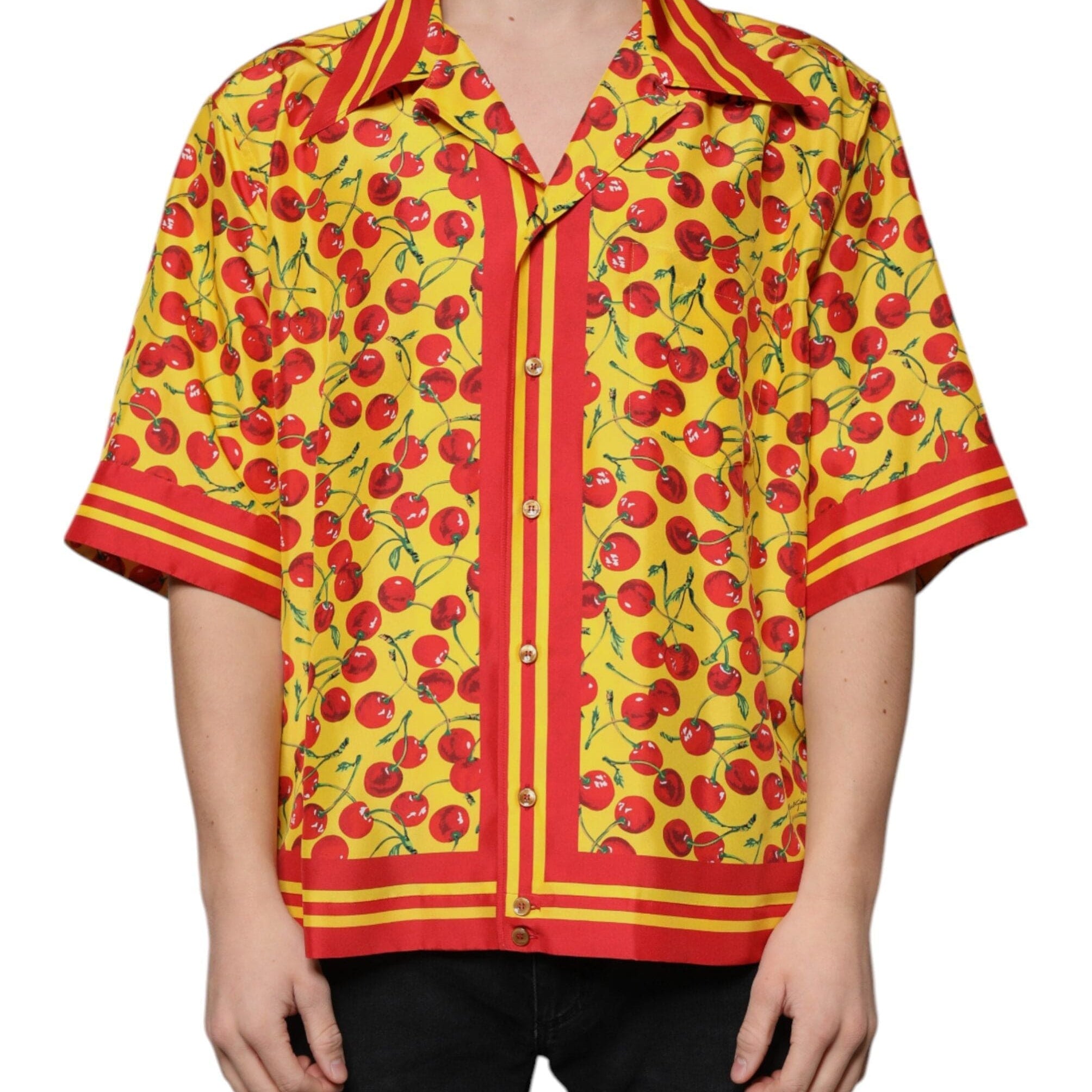 Dolce & Gabbana Shirts IT43 | 2XL Dolce & Gabbana Yellow Cherry Button Down Silk Casual Shirt