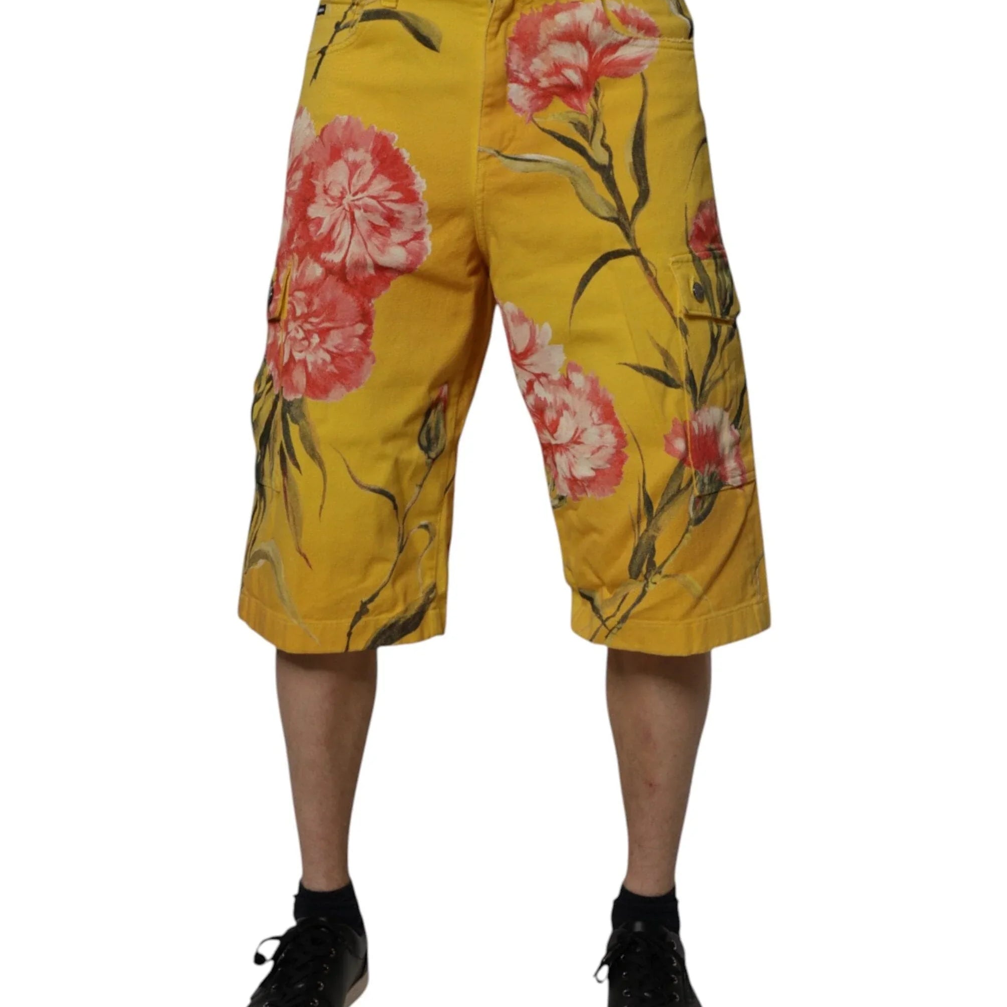 Chino Shorts IT44 | XS Dolce & Gabbana Yellow Floral Cargo Denim Men Bermuda Shorts