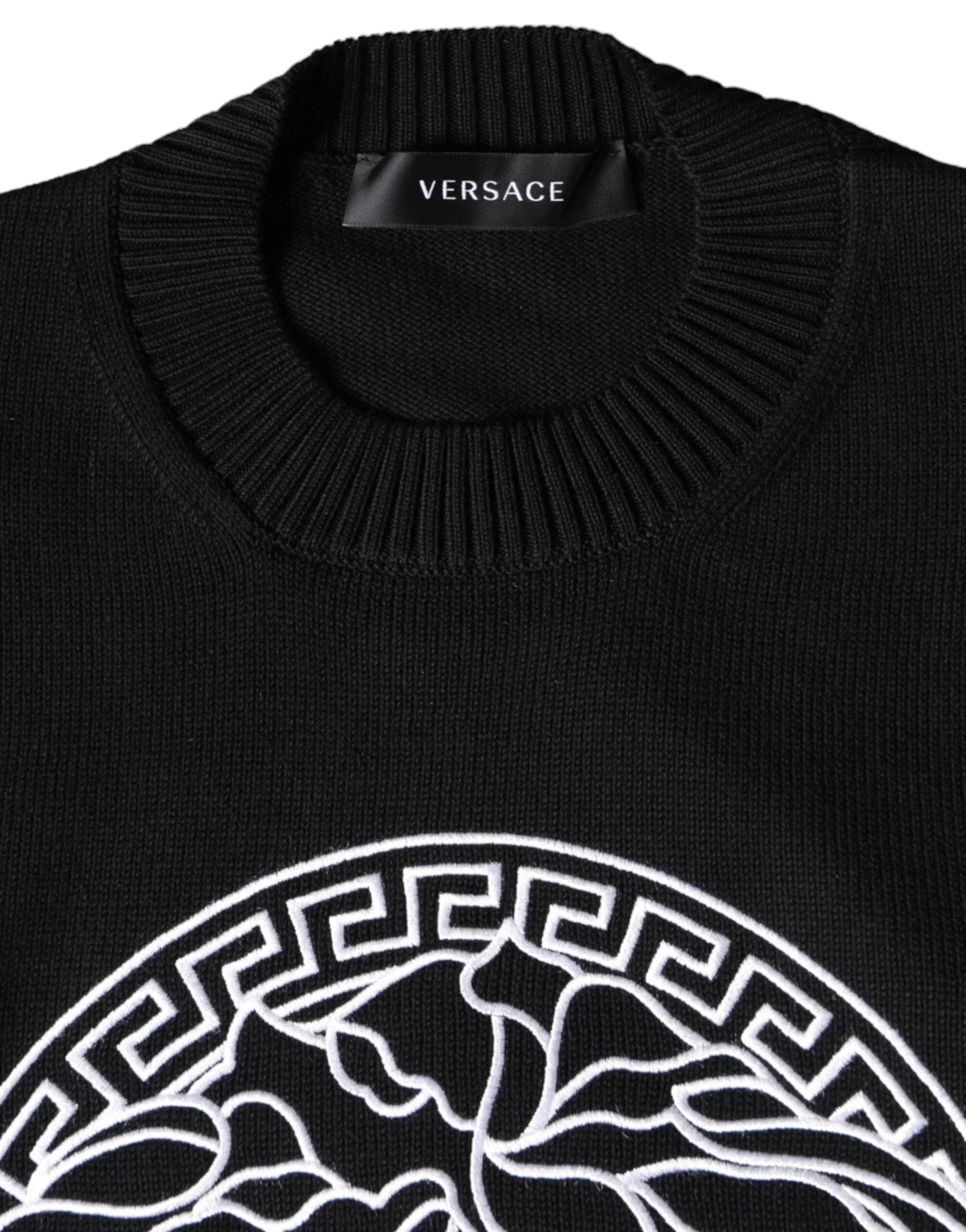 Versace Sweaters Versace Black Medusa Embroidery Crew Neck Pullover Sweater