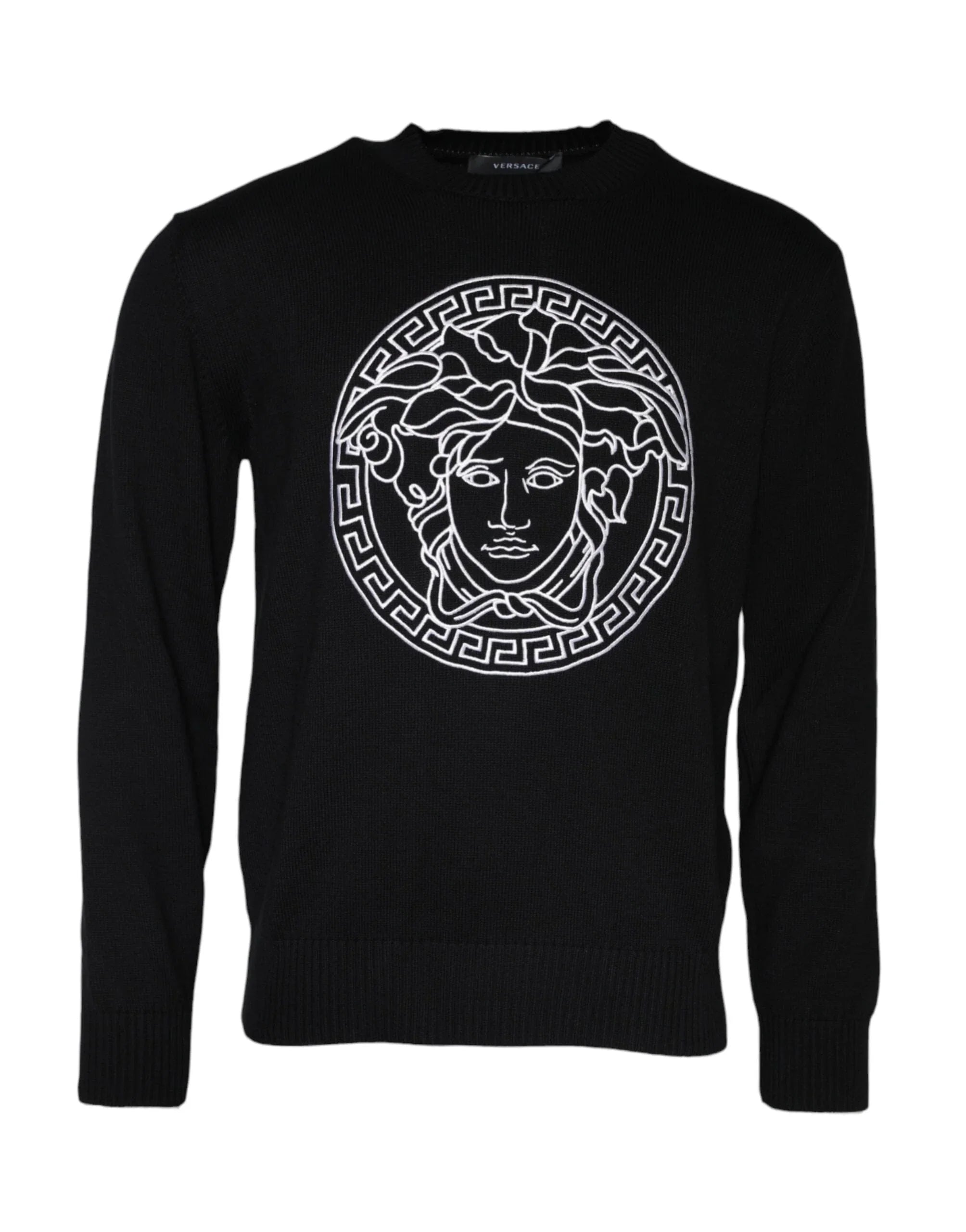 Versace Sweaters Versace Black Medusa Embroidery Crew Neck Pullover Sweater