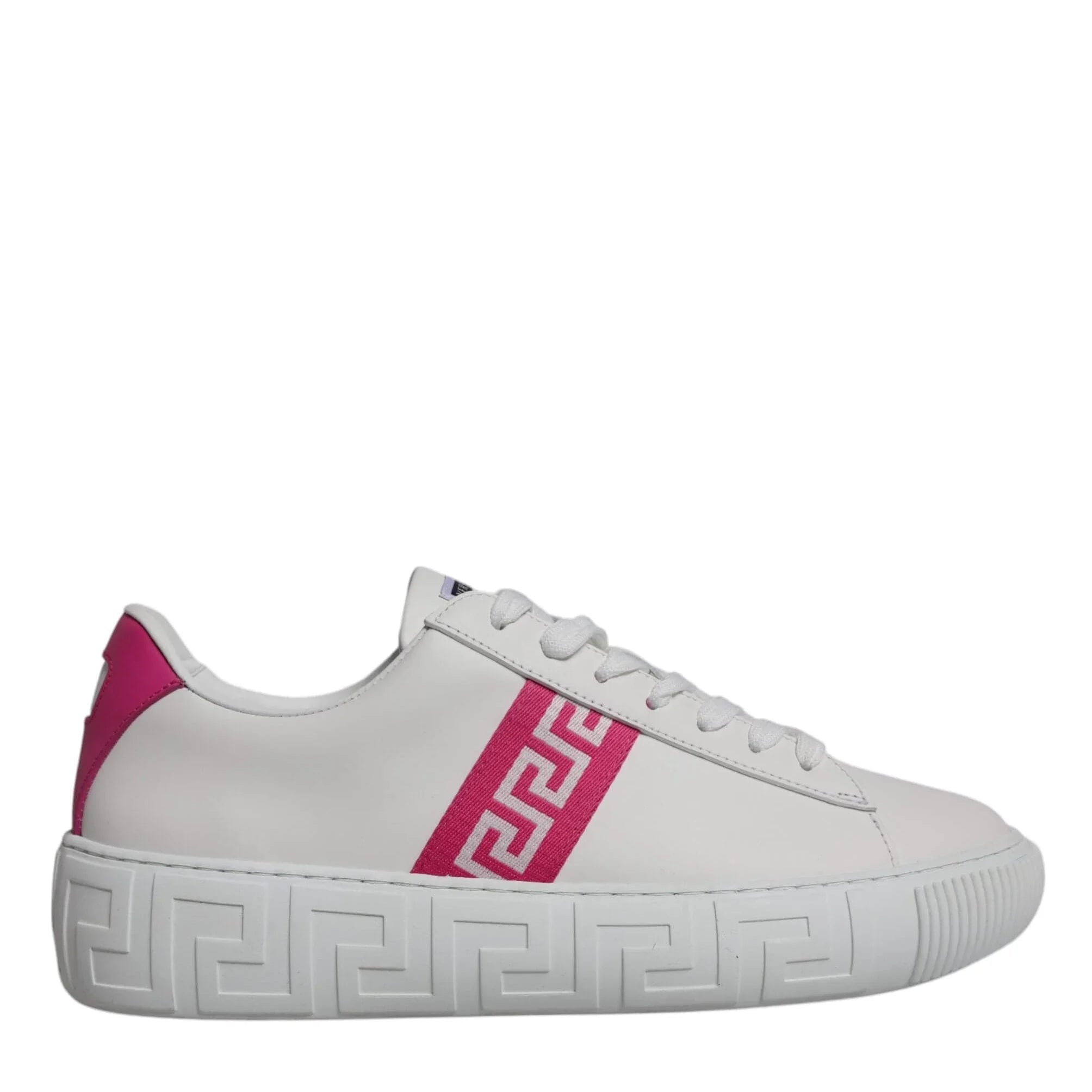 US9 Versace White Pink Greca Print Platform Low Top Sneakers Shoes
